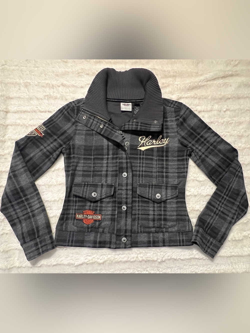 Vintage Harley-Davidson Woman’s Small, gray plaid cropped jacket, Y2K, excellent